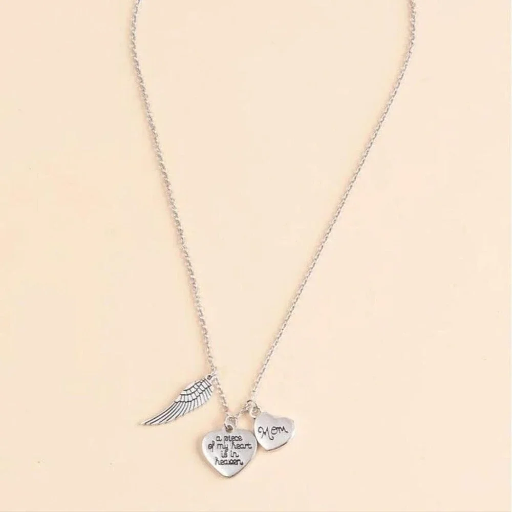 Mother Necklace Silver Mom Angel Wings Gift‎ Love Memorial Family Heart Jewelry